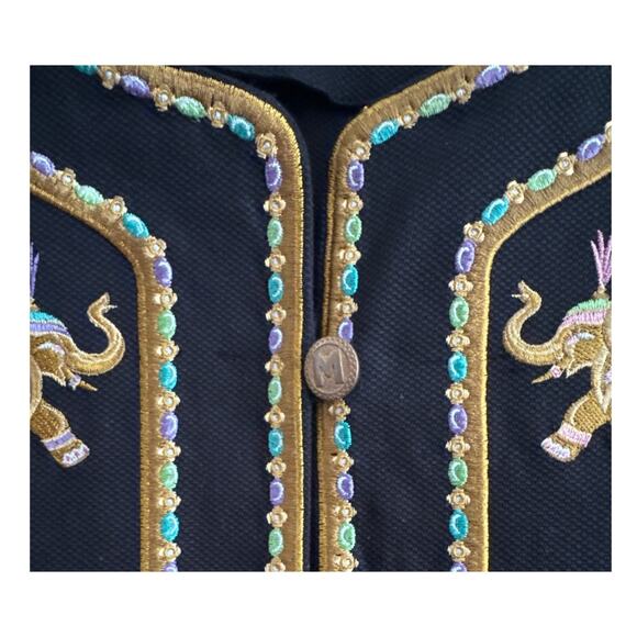 Bob Mackie wearable art black coat embroidered Elephants gold logo buttons large - Picture 16 of 16